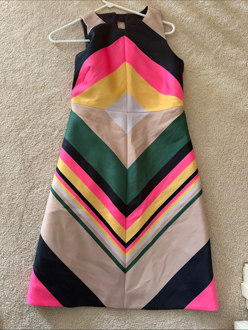Colorblock Chevron A-Line Dress in Pink, Green and Yellow